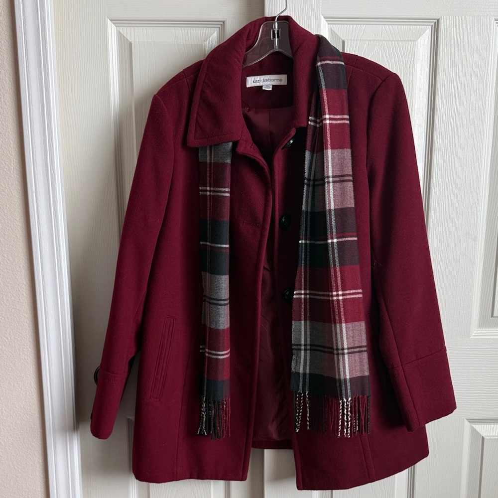 Liz Claiborne Wine Red Coat with Plaid Scarf